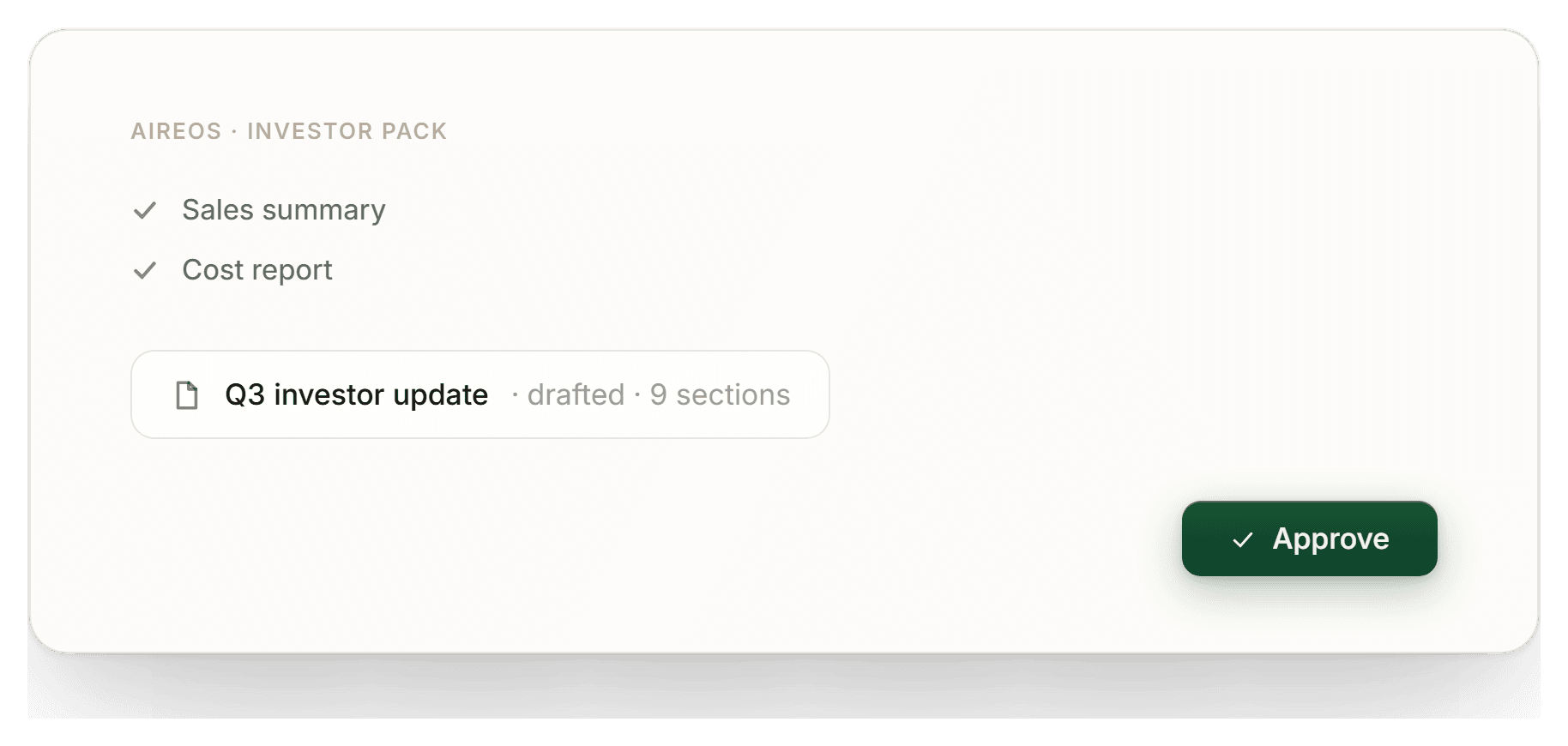 An investor pack card in AIREOS. Sales summary and cost report checked, the quarterly update drafted and waiting for approval.