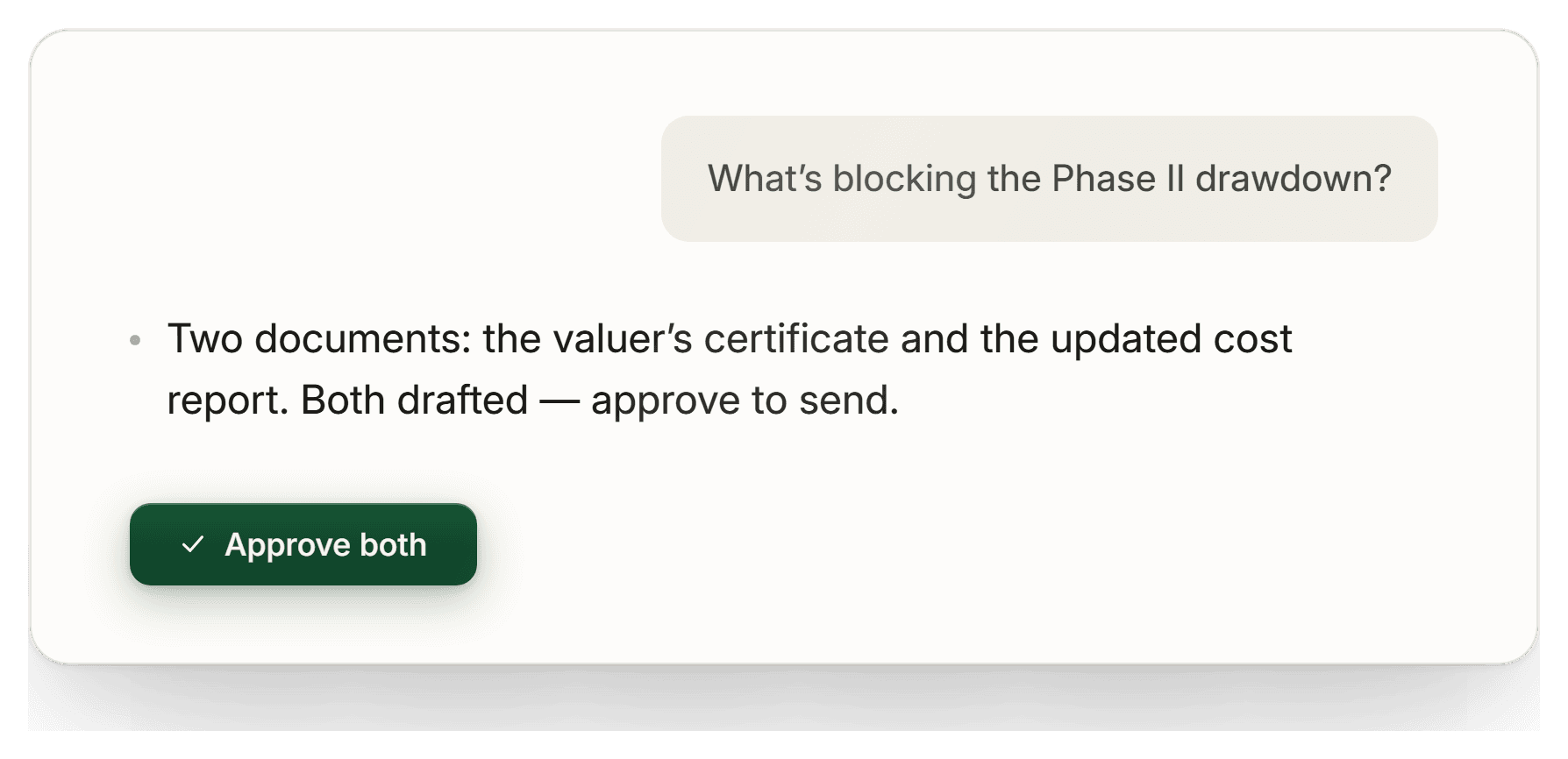 A chat in Imperium OS showing what is blocking a drawdown, with both documents drafted and an approve button.