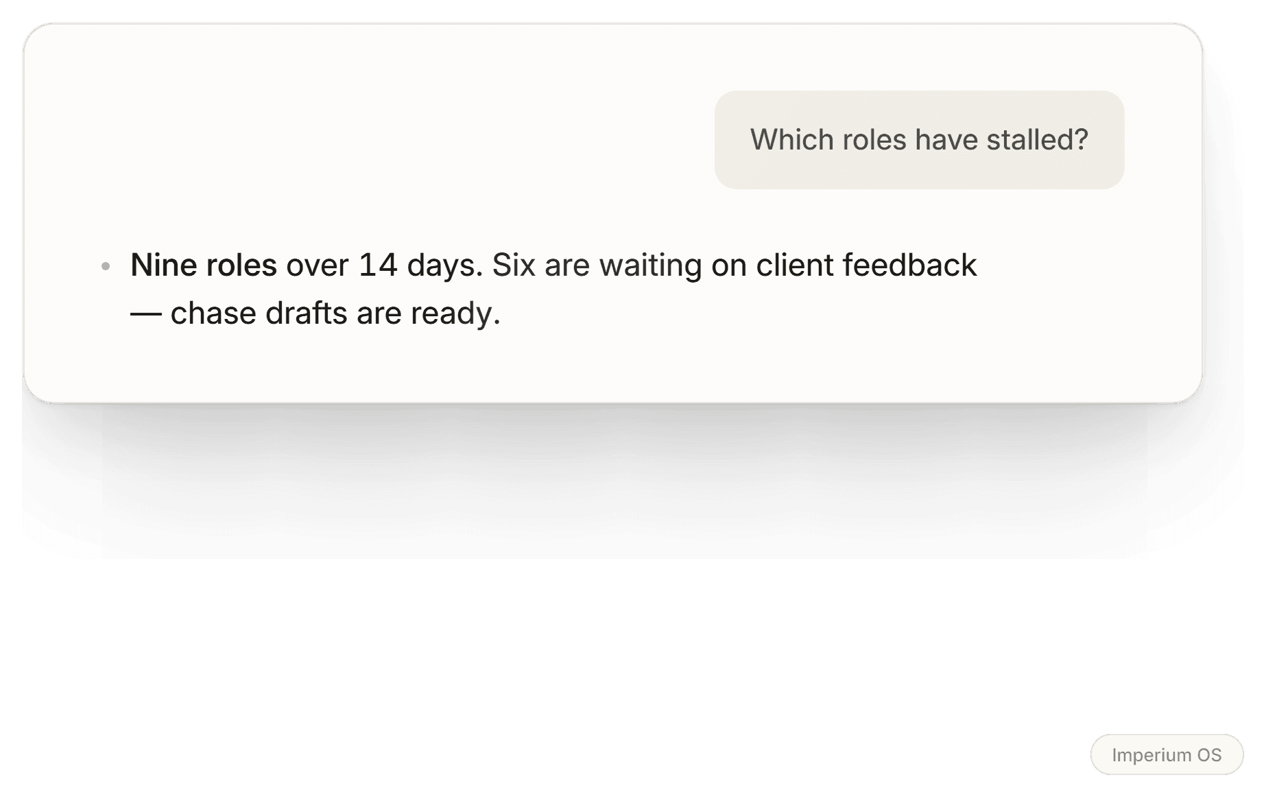 A chat in Imperium OS listing the roles that have stalled, with chase drafts already prepared.