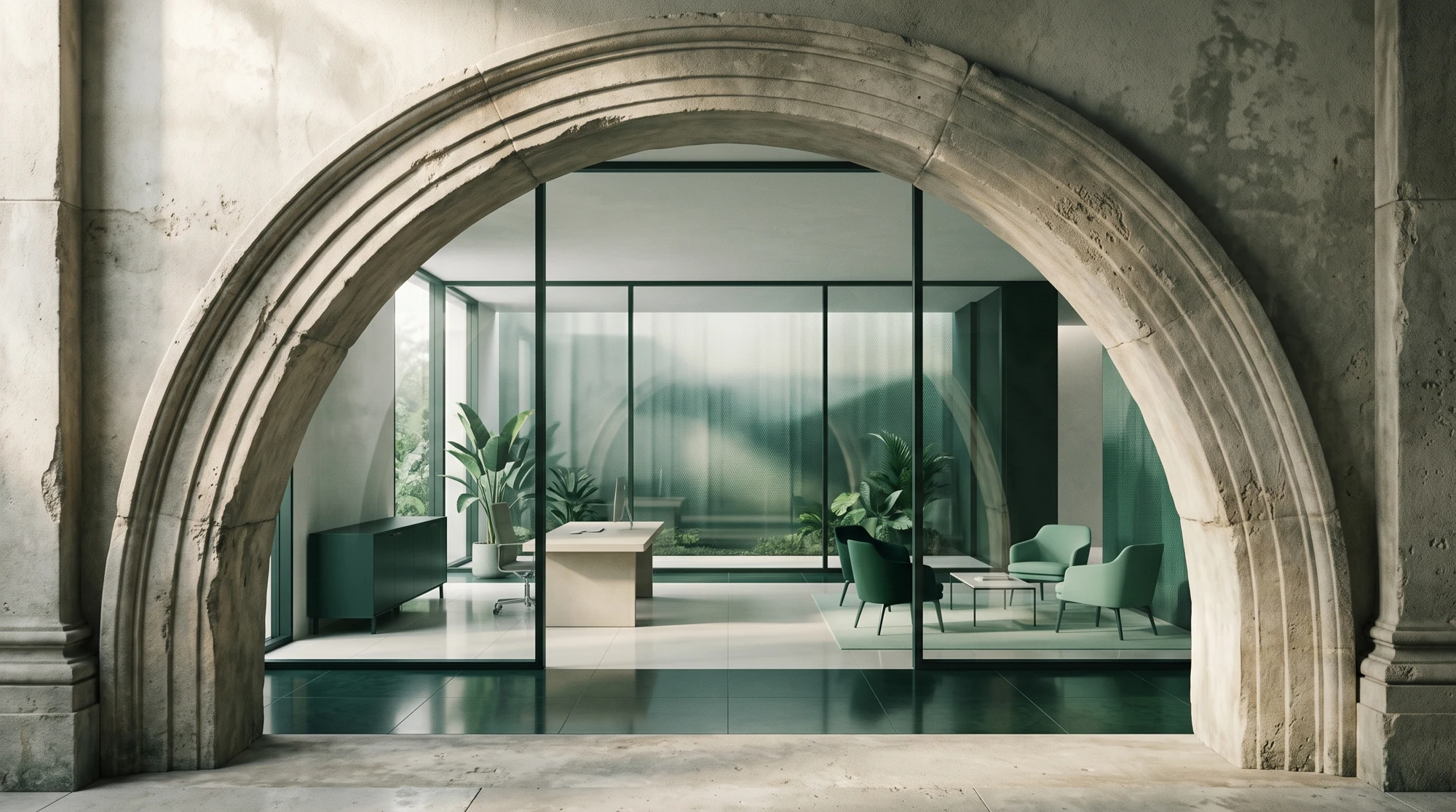 A classical stone archway opening onto a modern glass office interior in racing green morning light